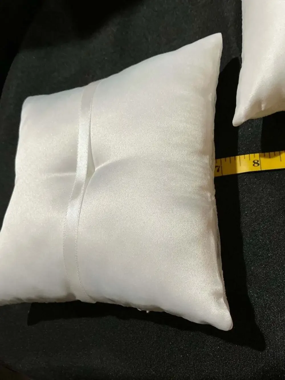 White Satin and Lace Ring Bearer Pillow with Pearl Accents and Ribbons